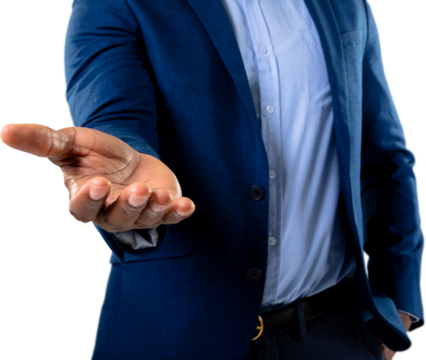 Mid section of african american businessman holding an invisible object against white background