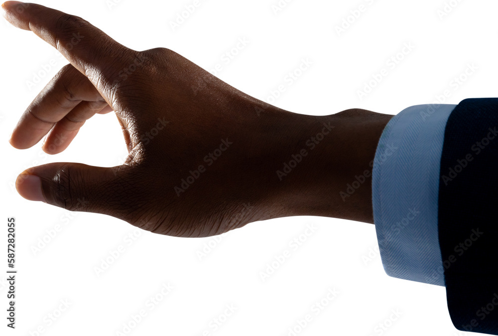 Wall mural close up of hand of businessman touching an invisible screen against white background