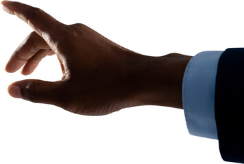 Close up of hand of businessman touching an invisible screen against white background - Powered by Adobe