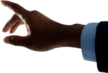 Close up of hand of businessman touching an invisible screen against white background