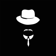 Male white profile with tie hat and mustache template. Retro men character 20s with vintage style for masquerade and designer vector avatar