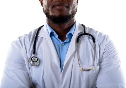 Mid section of african american male doctor with arms crossed against white background