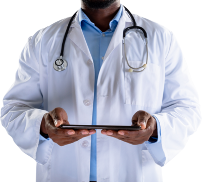Mid section of african american male doctor holding digital tablet against white background