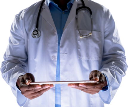 Mid section of african american male doctor holding digital tablet against white background