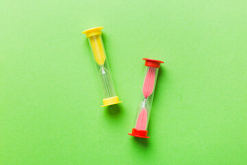 hourglass on the table, sand clock as time passing concept for business deadline, copy space