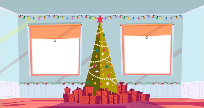 Digitally generated image of room interior with two window frames, christmas tree and gifts