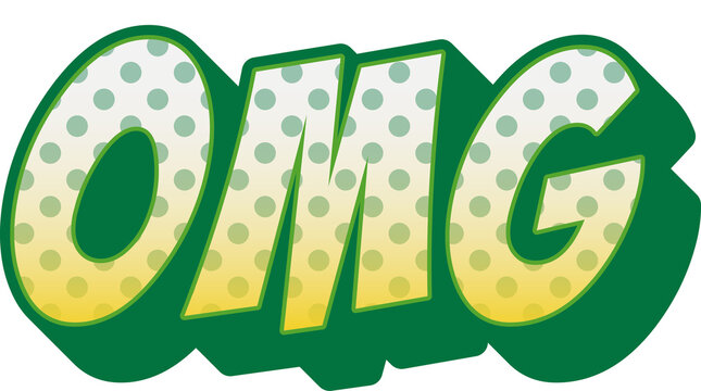 Digitally generated image of green dots over omg text banner against white background