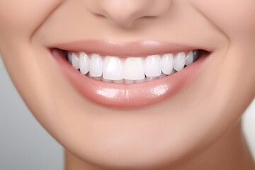 Obraz premium Perfect smile. Straight natural white teeth. Teeth whitening concept. Young woman with beautiful smile close-up on gray background. Image is AI generated.