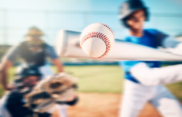 Baseball ball, athlete bat swing and speed on outdoor sport field with team and blur. Sports fast...