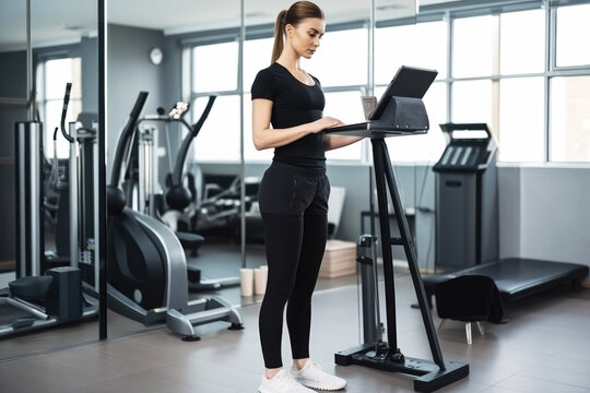 Full body shot of female physiotherapist browsing on digital tablet standing in exercise room. Generative ai