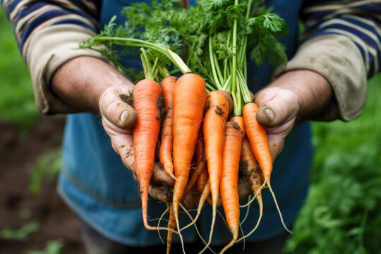 Crop gardener showing rotten carrots to camera. Generative ai.