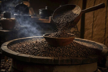 photo of Traditional process of fry coffee beans. Generative ai.