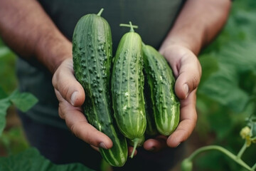 Organic fresh harvested vegetables. Farmers hands holding fresh cucumbers in the garden. Generative ai.