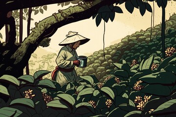 Picking tea leaves in a tea garden, mid section view. Generative ai