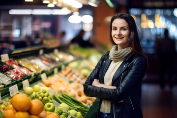 Portrait of smiling woman buying groceries in a market hall. Generative ai