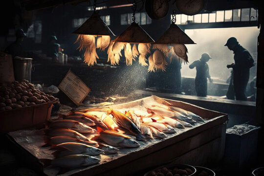 photo of fish market, brightly lit, fresh fish. Generative ai.