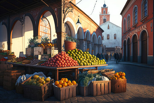 photo of market place with fruits and vegetables. Generative ai.