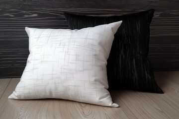 a contemporary white wood background with two black throw pillows in the front. Generative AI