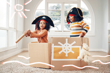 Pirate, box and children playing fantasy game in home living room with costume, telescope or ship....