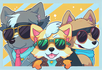 Three stylish dogs in clothes and sunglasses pose on stage, painted picture with paints. AI Generated