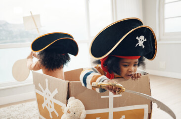 Playing, box ship and pirate children role play, fantasy imagine or pretend in cardboard container....