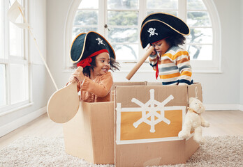 Playing, box ship and pirate kids role play, fantasy imagine or pretend as yacht captain in...