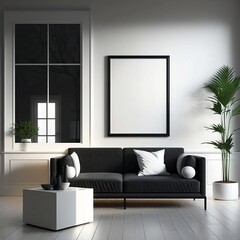 Mockup poster frame on the wall of living room. Luxurious apartment background with contemporary design. Modern interior design. 3D render, 3D illustration