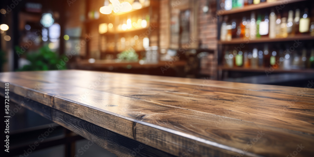 Poster an empty wooden counter table top for product display in a pub or bar. generative ai