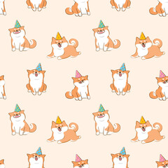 Seamless Pattern with Cartoon Shiba Inu Dog Design on Beige Color Background