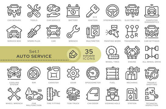 Set of conceptual icons. Vector icons in flat linear style for web sites, applications and other graphic resources. Set from the series - Auto Service. Editable outline icon.	