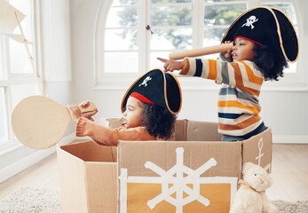 Pirate, box and playing with children in living room for bonding, imagine and creative. Happy,...