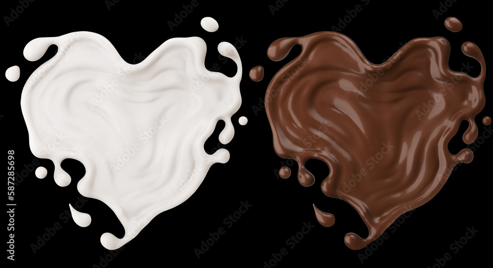 Poster milk and chocolate splash in the shape of a heart include clipping path, 3d rendering.