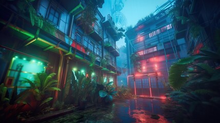 Fototapeta premium Cyberpunk wallpaper of futuristic cityscape. Blue purple neon lights. City of the future at bright multicolored neon night. Neon Haze. Beautiful urban landscape. Generative AI illustration.