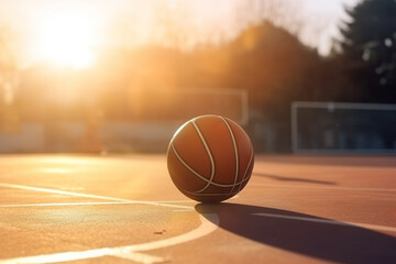 A basketball ball on a court in front of a fence, golden hour - Generative AI
