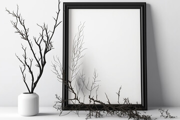 Dry branches of tree roots frame an empty frame. AI generated.