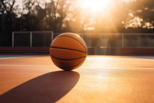 A basketball on a court at sunset - Generative AI