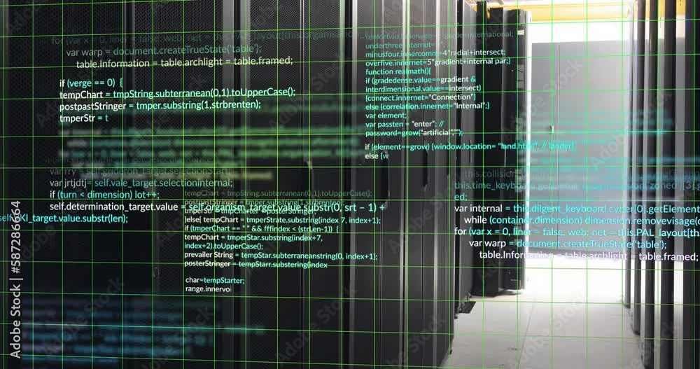 Poster animation of grid pattern over computer language against server room in background