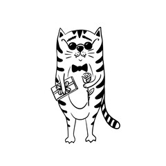 A funny cat character with a present and a rose, wearing sunglasses, a sketchy cat in love