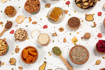 Set of Nuts Walnuts, Brazil Nut, Almond, cashew, Pine Nut peanuts, pistachios, pecans collection Isolated, Set of different delicious organic nuts on white background
