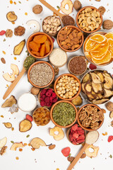 Set of Nuts Walnuts, Brazil Nut, Almond, cashew, Pine Nut peanuts, pistachios, pecans collection Isolated, Set of different delicious organic nuts on white background