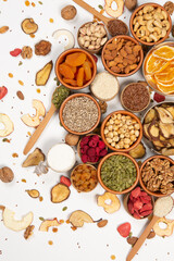 Set of Nuts Walnuts, Brazil Nut, Almond, cashew, Pine Nut peanuts, pistachios, pecans collection Isolated, Set of different delicious organic nuts on white background