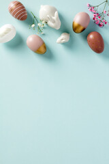 Happy Easter vertical banner design, poster template. Frame top border made of Easter eggs, flowers, bunnies on pastel blue background