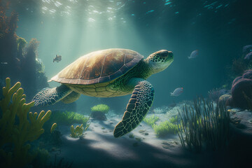 Obraz premium A turtle swimming underwater generative AI