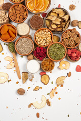 Set of Nuts Walnuts, Brazil Nut, Almond, cashew, Pine Nut peanuts, pistachios, pecans collection Isolated, Set of different delicious organic nuts on white background