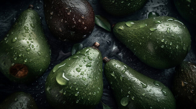 Avocados, seamless background, Fresh avocado, Fresh avocado cut in half. Generative AI.