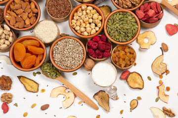 Set of Nuts Walnuts, Brazil Nut, Almond, cashew, Pine Nut peanuts, pistachios, pecans collection Isolated, Set of different delicious organic nuts on white background