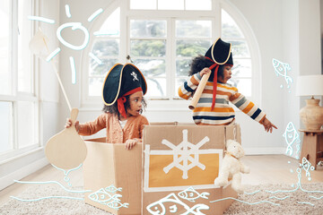 Play, box ship or pirate children point at fantasy fish, role play, or pretend in cardboard...