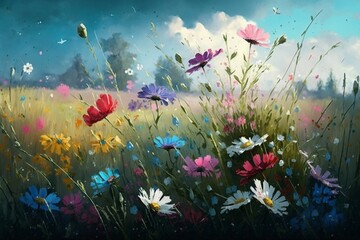 Naklejka na ściany i meble landscape with flowers and trees nature wallpaper. Illustration of a colorful abstract flower meadow wallpaper. spring background. nature flower wallpaper. abstract background. AI-Generated