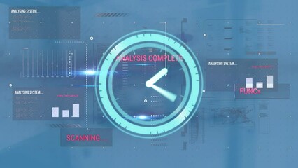Animation of digital clock over graphs, texts, map, computer language over abstract background - Powered by Adobe