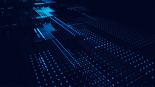 Digital background with moving glowing particles. Futuristic hi-tech illustration. Concept of data transfer in cyberspace. Big data visualization. Vector illustration.